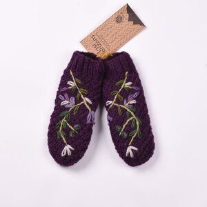 100% Wool Handknit Floral Mittens Fleece Lined Purple